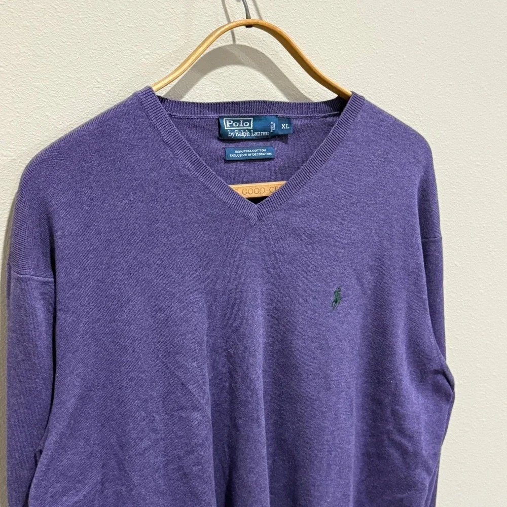 VTG Polo Ralph Lauren Pima Cotton V-Neck Sweater Mens‎ XL Long Sleeve Pony Logo